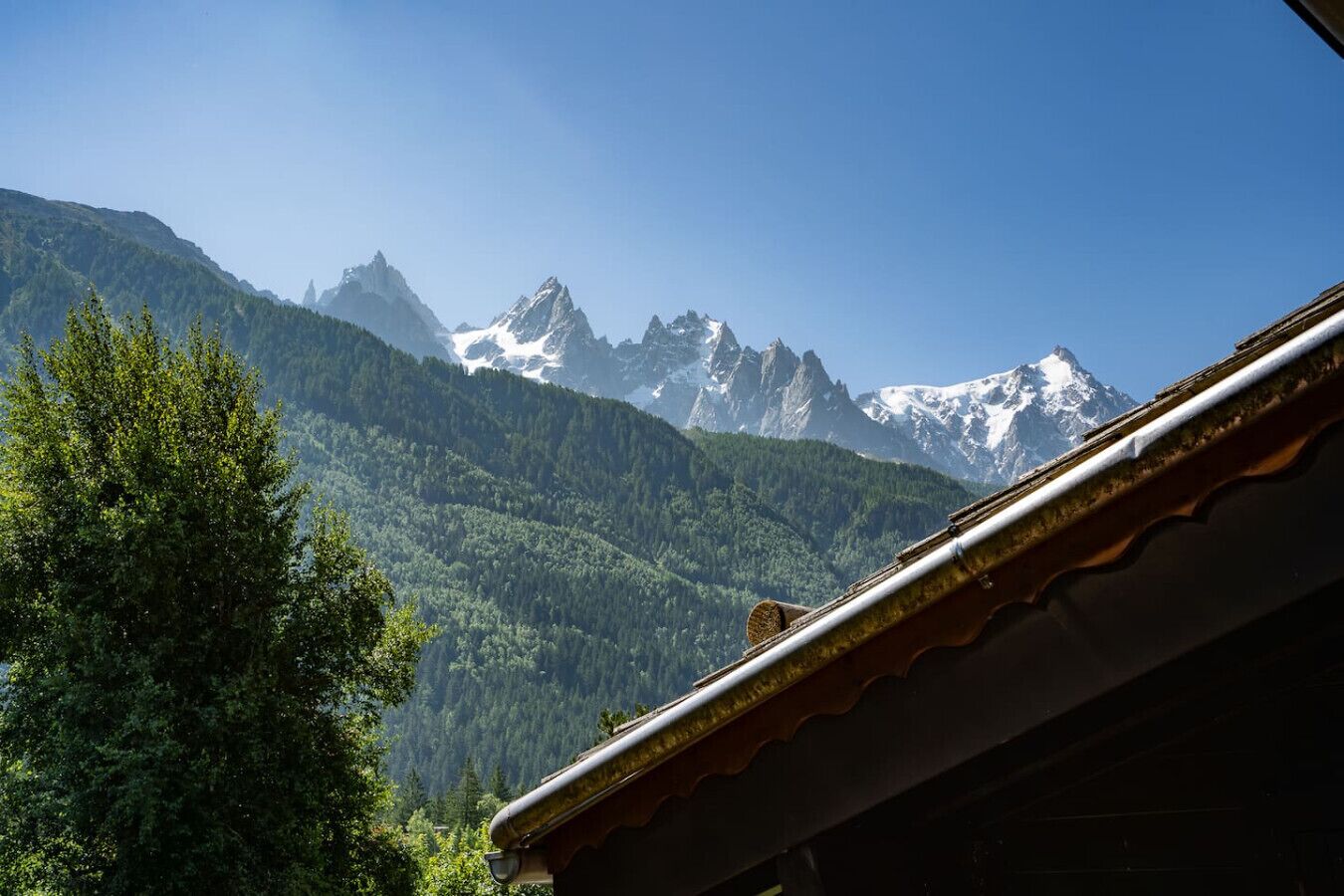 A mountain landscape with snow-capped peaks and dense forest.