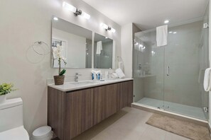 Shower, hair dryer, towels
