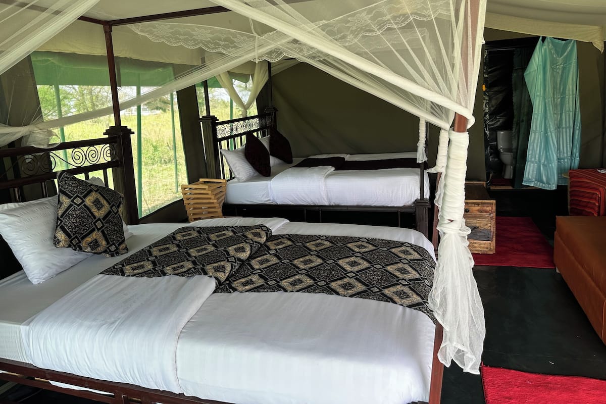 A tented accommodation with two beds, each with white linens and patterned pillows.