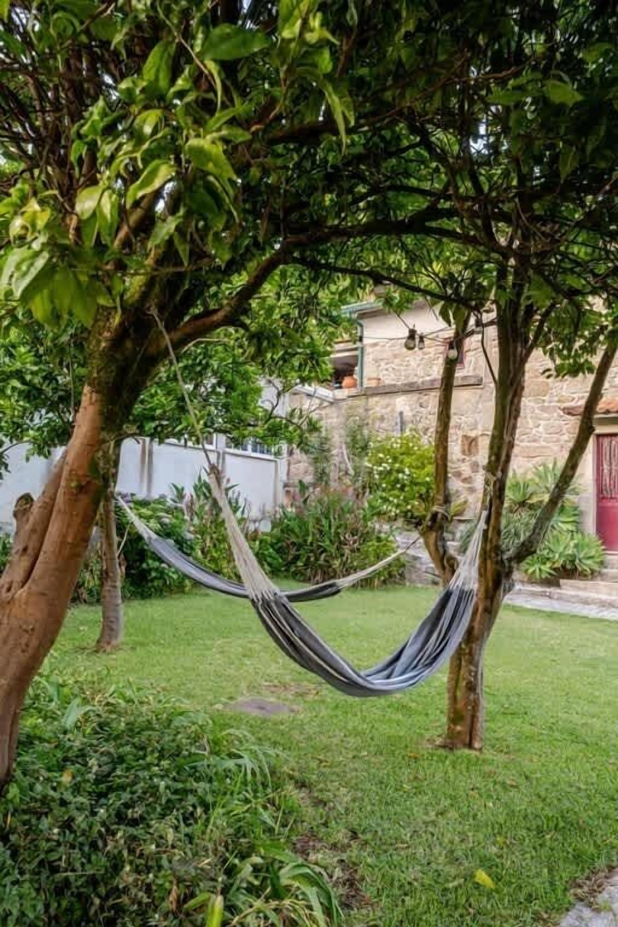 Een hangmat tussen bomen in een tuin, met een stenen muur en veel groen op de achtergrond.
