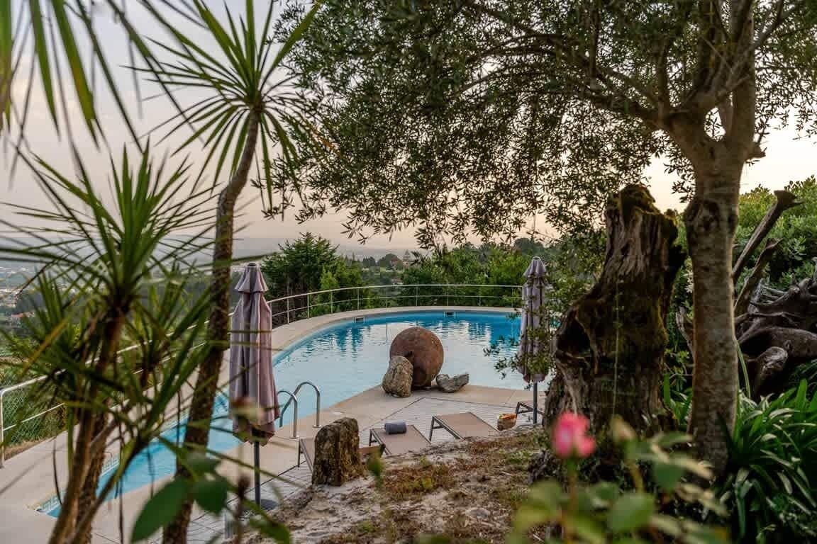 Una piscina rodeada de entorno natural, con árboles y rocas.