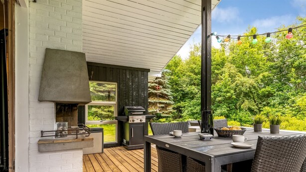 An outdoor patio with a grill, wicker furniture, and a view of a lush garden. - "Ginette" - 400m to the fjord by Interhome (Aabybro)