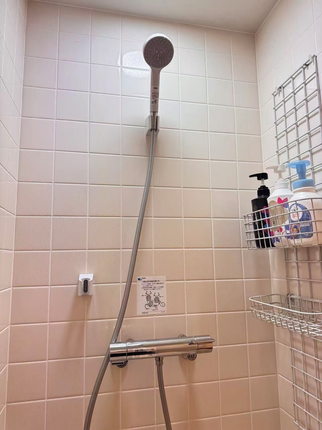 A shower with a handheld showerhead, a wall-mounted control panel, and a metal shelf with toiletries.