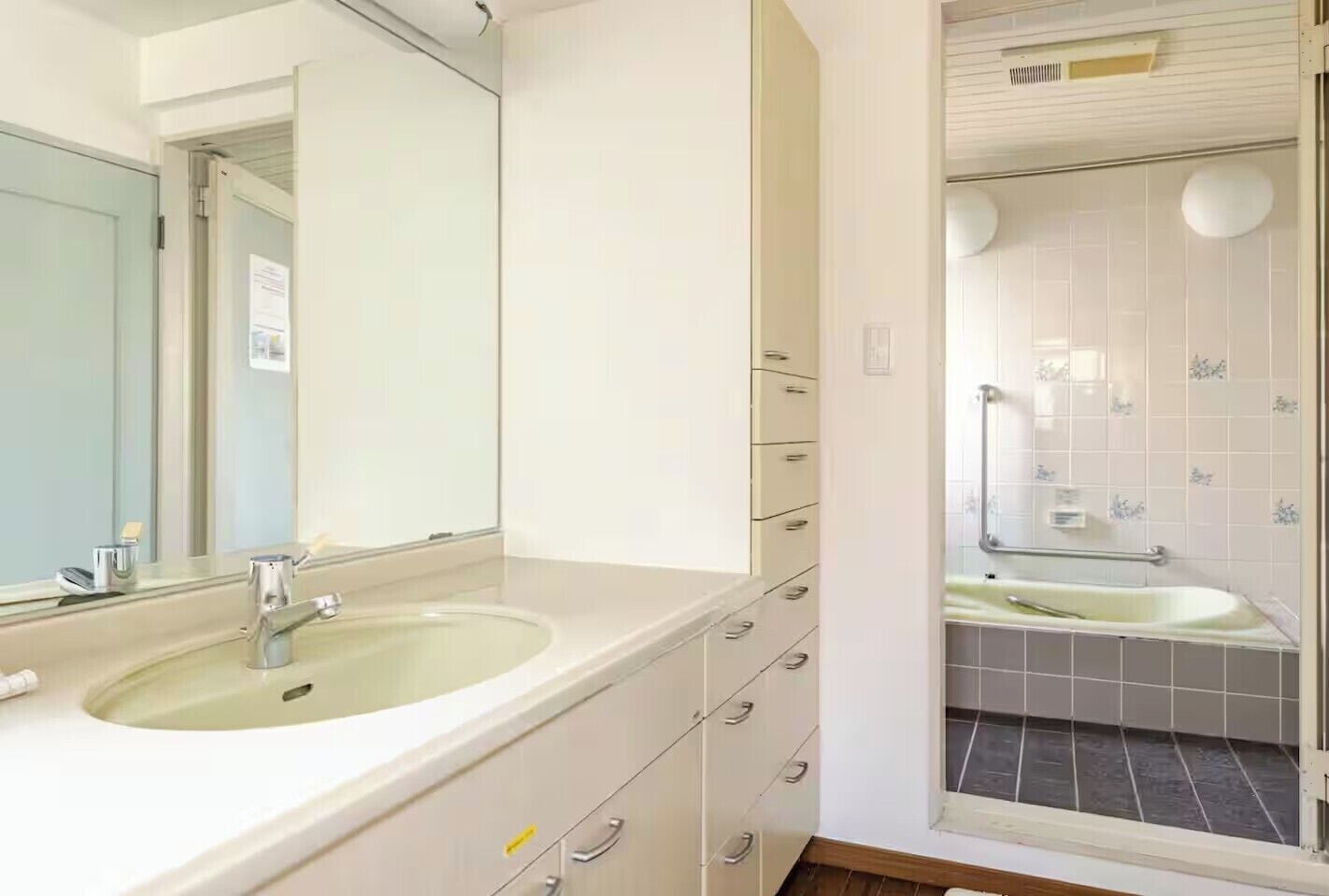 A bathroom with two sinks, a large mirror, and a shower area.