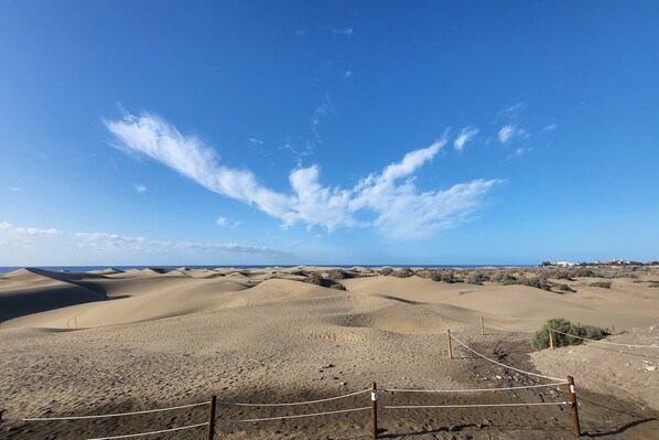 A desert landscape with sand dunes and a clear sky.