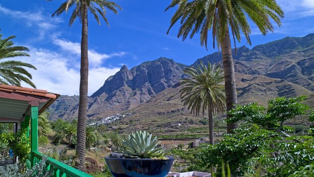 Vista de un paisaje montañoso con palmeras y un edificio de techo verde.