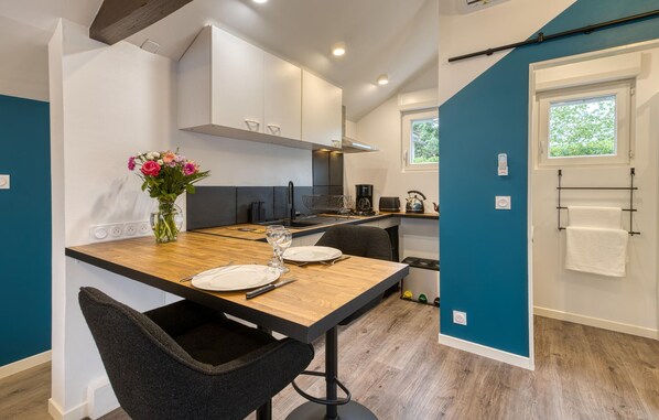 Fridge, oven, stovetop, coffee/tea maker