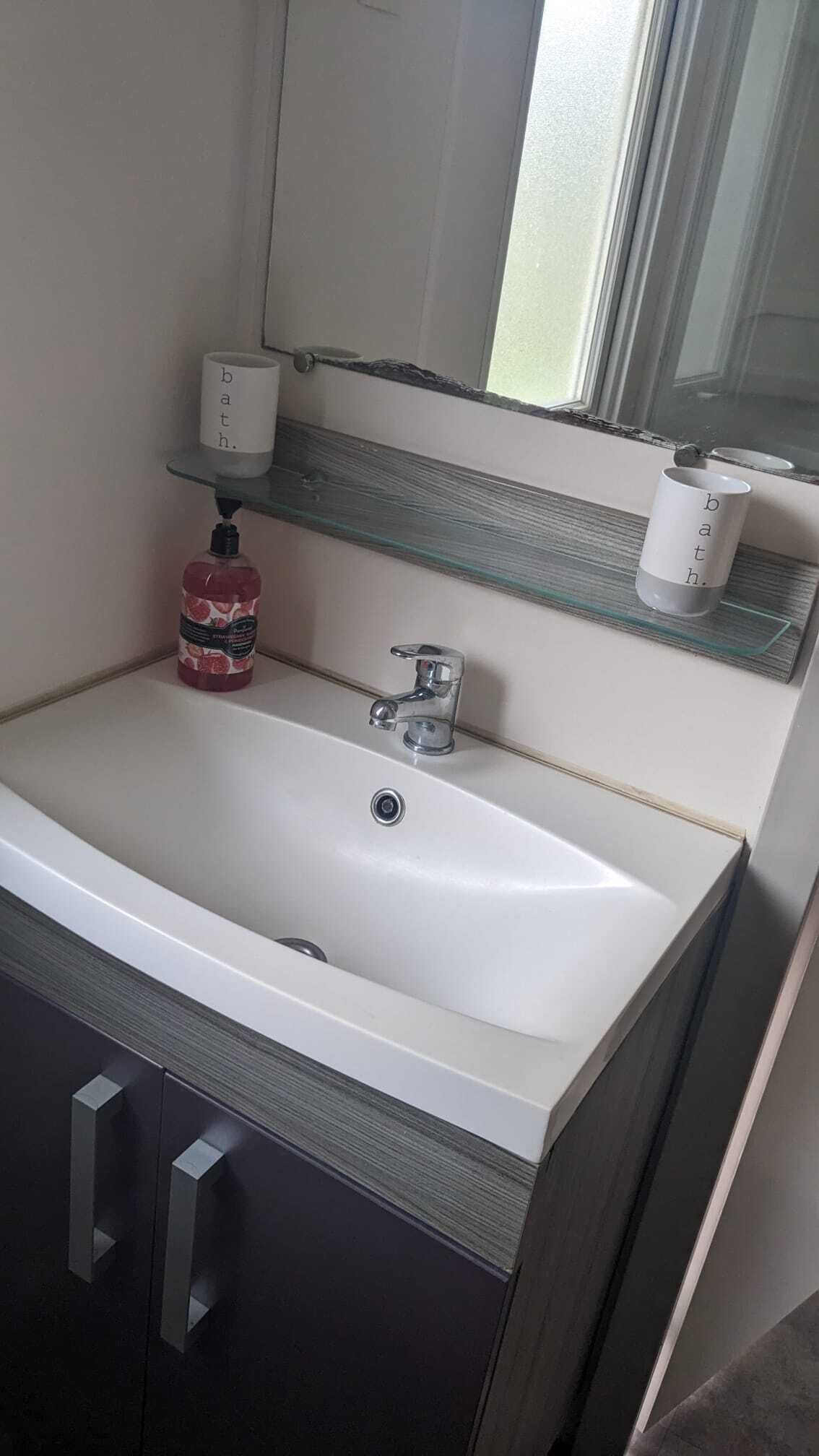 Een badkamer met een witte wastafel, een glazen plankje, een fles handzeep en een toiletrolhouder.