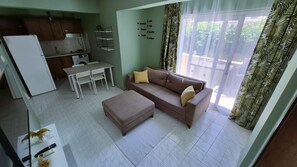 A compact living space with a kitchenette, a sofa, a dining table, and a large window.