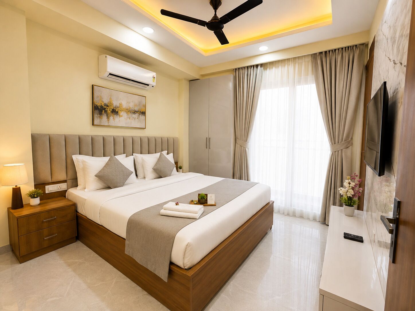 Une chambre d’hôtel moderne comprenant un lit, une table de chevet, une lampe, un appareil de climatisation, une œuvre d’art, des rideaux et un téléviseur.