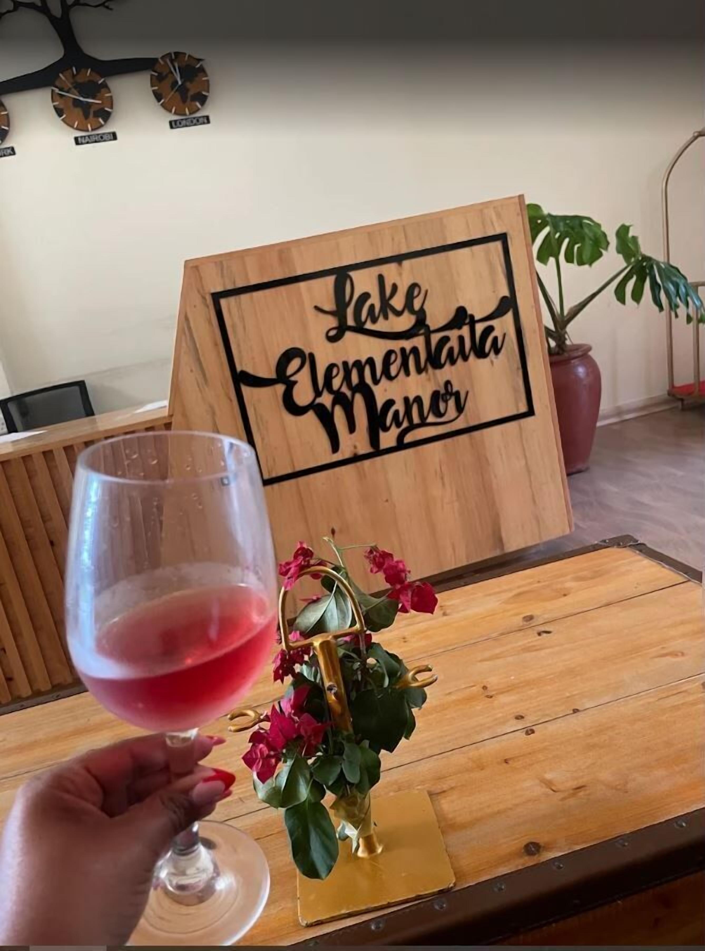 A wooden sign with "Lake Elementia Manor" written on it, a glass of red wine, and a small potted plant with red flowers.