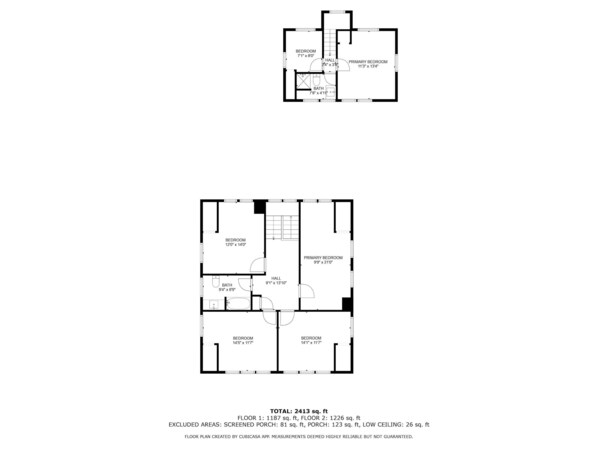 A floor plan of a house with two bedrooms, a hall, and a bathroom. - Steps to Beach & Downtown OGT - Screened in Porch (Ogunquit)