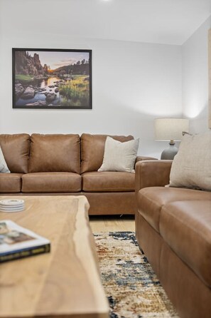 Älytelevisio, takka, kirjoja, tietokoneen näyttö