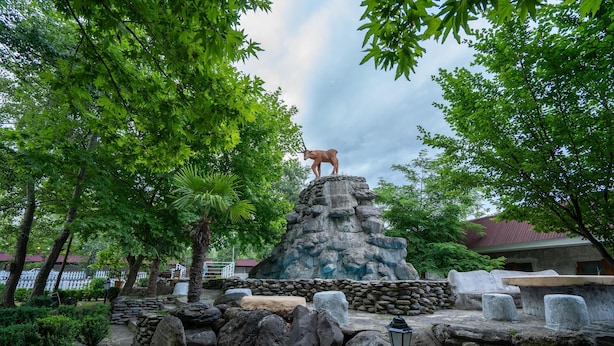 A rock formation with a statue of an animal on top, surrounded by trees and stone structures. - Qabala Semerena Riverside Hotel (Gabala)