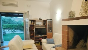 A living room with a fireplace, a television, and a sliding glass door leading to a garden.