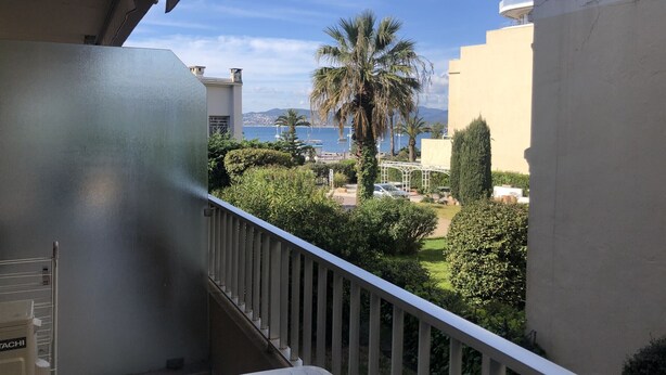 Un balcon donnant sur un jardin aménagé, un palmier et une étendue d’eau au loin.