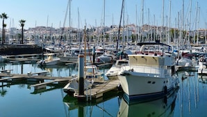Una marina con numerosos barcos amarrados, muelles de madera y un paisaje urbano al fondo.