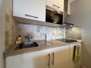 Fridge, microwave, oven, coffee/tea maker