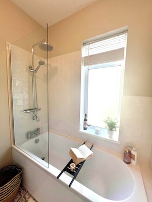 Hair dryer, towels, soap, toilet paper