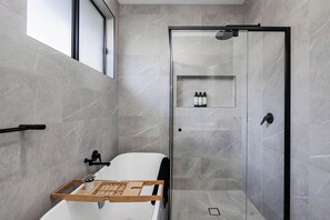 Shower, hair dryer, towels, soap