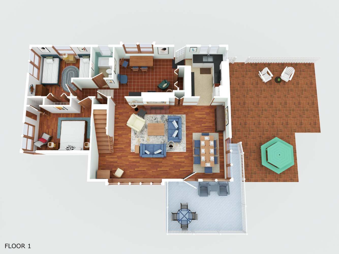 A 2-story apartment with a living room, dining area, kitchen, and a small balcony.