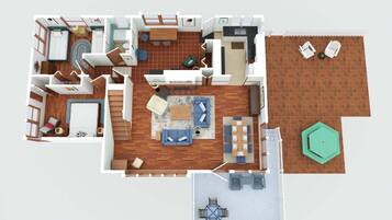 A 2-story apartment with a living room, dining area, kitchen, and a small balcony.