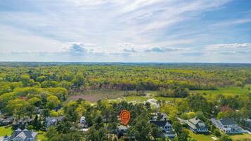 A residential area with multiple houses surrounded by dense forest, a clear sky, and a prominent location marker.