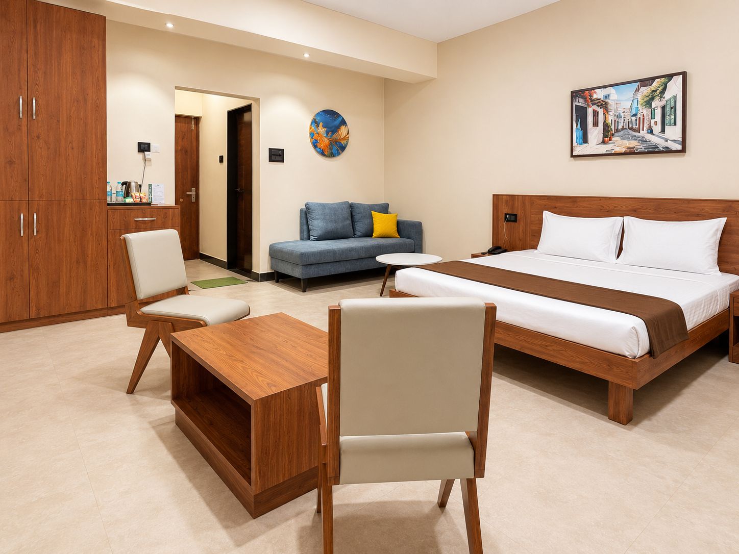 Una habitación de hotel con cama, sofá, escritorio y silla.