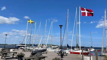 A marina with multiple sailboats docked, a flagpole with flags, and picnic tables with flowers.
