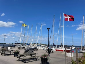 A marina with multiple sailboats docked, a flagpole with flags, and picnic tables with flowers. - 4 Star Holiday Home in Fagelmara (Fågelmara)