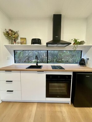 Fridge, oven, stovetop, coffee/tea maker