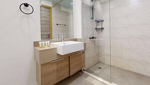 Shower, hair dryer, towels