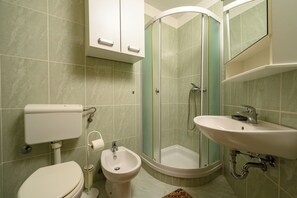 Een douche, een bidet, handdoeken