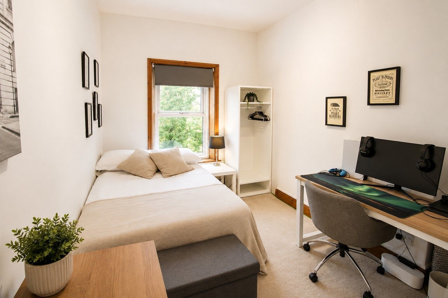 Een slaapkamer met een bed, een bureau met een computer, een stoel, een plank met planten en een raam.