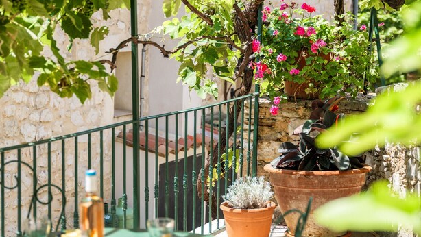 An outdoor patio with a table and chairs, surrounded by potted plants and a metal fence. - LA FONTAINE – Peaceful retreat in medieval Tourrettes-sur-Loup (Tourrettes-sur-Loup)