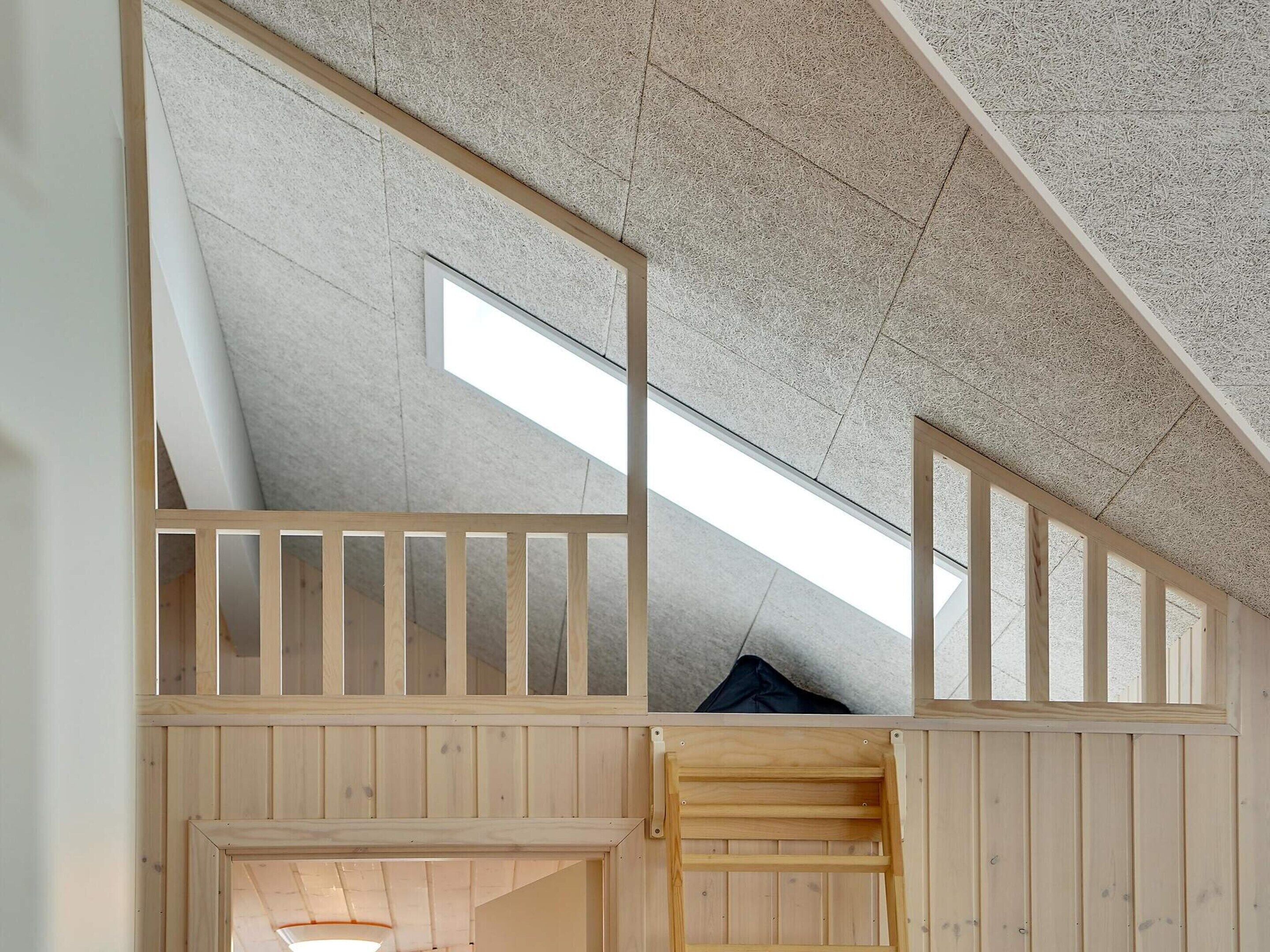 A loft bedroom with a skylight, wooden slats, and a built-in ladder.