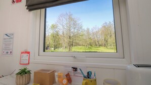 A room with a large window, a potted plant, a box, a mug, and a toaster. - Butterfly Hut 2 (Preston)