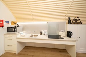 Fridge, microwave, stovetop, electric kettle