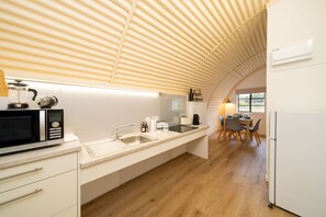 Fridge, microwave, stovetop, electric kettle