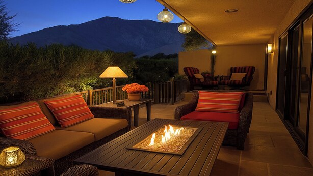 A patio with a sofa, chairs, a table with a fire feature, and a lamp. - Chic, Walkable Desert Retreat - Private & Serene (Palm Springs)