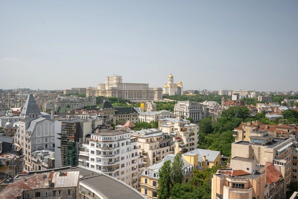 A cityscape with a mix of modern and historic buildings, including a prominent white building with golden domes in the background. - Views of all the Palaces 2BR Stunner (Bucharest)