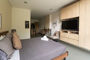 1 bedroom, desk, iron/ironing board, travel cot