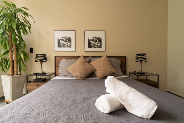 1 bedroom, desk, iron/ironing board, travel cot