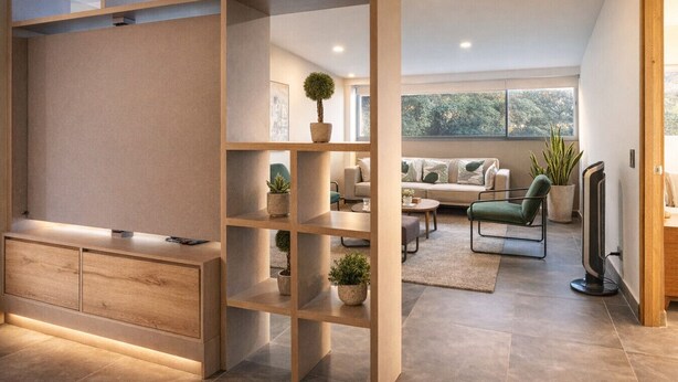 Una sala de estar moderna con sofá, una mesa de centro y un mueble para televisión. Se ve una estantería de madera con plantas y un árbol pequeño. La habitación tiene ventanas amplias y vistas a árboles desde el exterior.