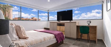1 bedroom, desk, iron/ironing board, travel cot