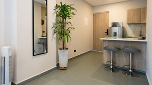 Una cocina moderna con barra, una planta en maceta y un espejo en la pared.