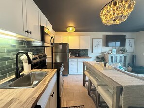 Fridge, microwave, dishwasher, coffee/tea maker