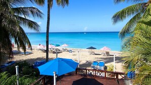 Une plage bordée de palmiers, avec des chaises longues et des parasols.