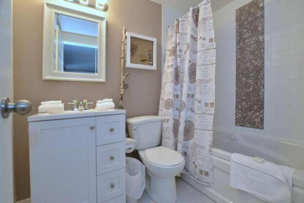 A bathroom with a white toilet, a sink with a mirror above it, and a shower curtain with a pattern.