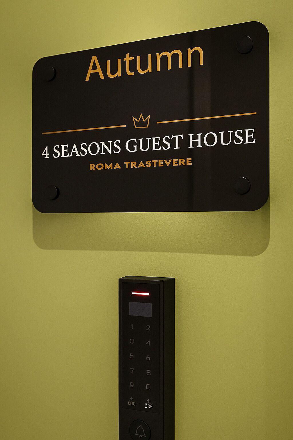 A sign for "Autumn 4 Seasons Guest House" with a keypad below it.